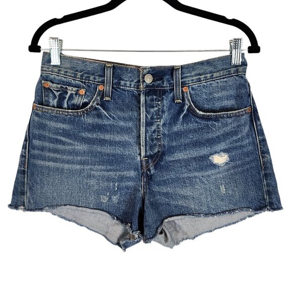 Levi's High Rise‎ Button Fly Wedgie Shorts Distressed Raw Hem Mid Wash Cheeky 28 - Picture 2 of 12